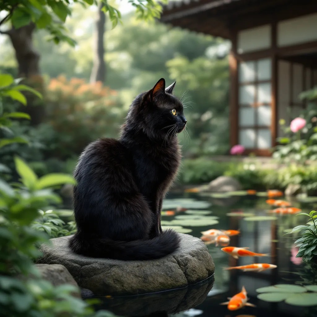 elegant black cat in japanese garden