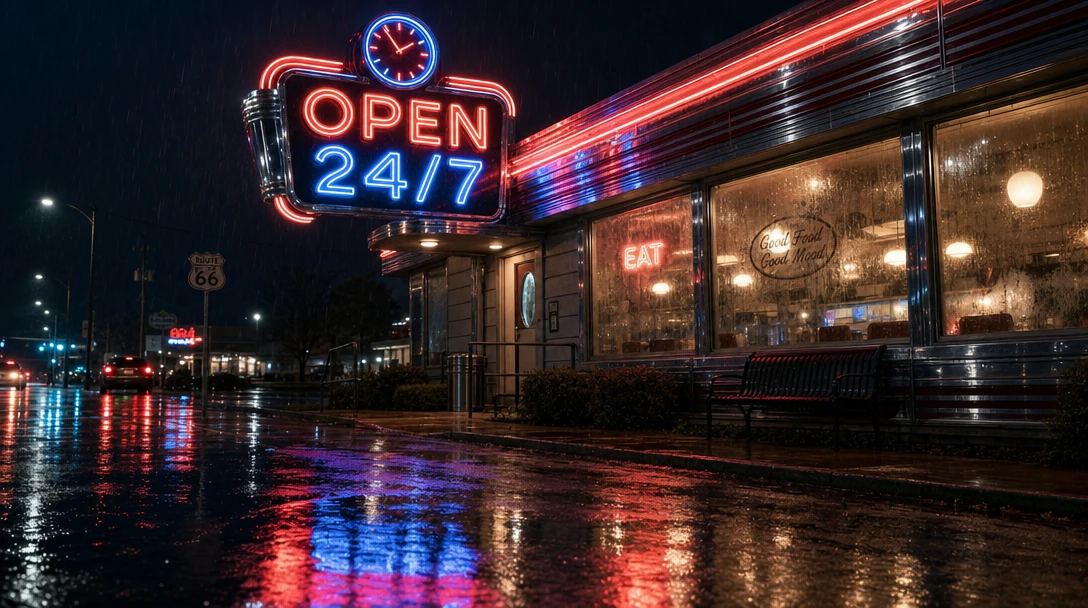 neon diner sign with legible OPEN 24/7 text, generated by gpt-image-2